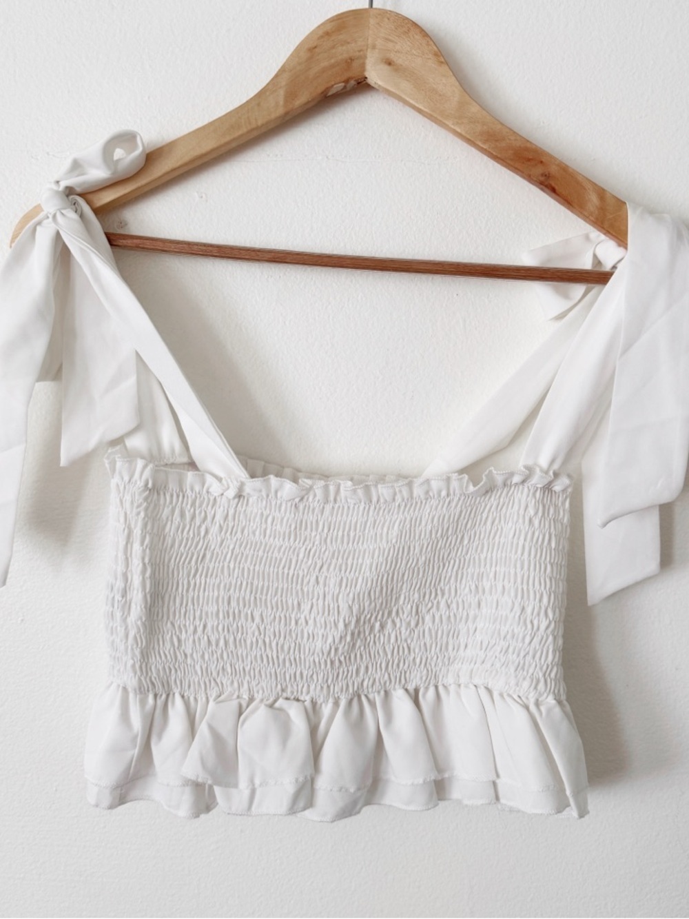 SHEIN White Smocked Tie-Shoulder Ruffle Crop Top small